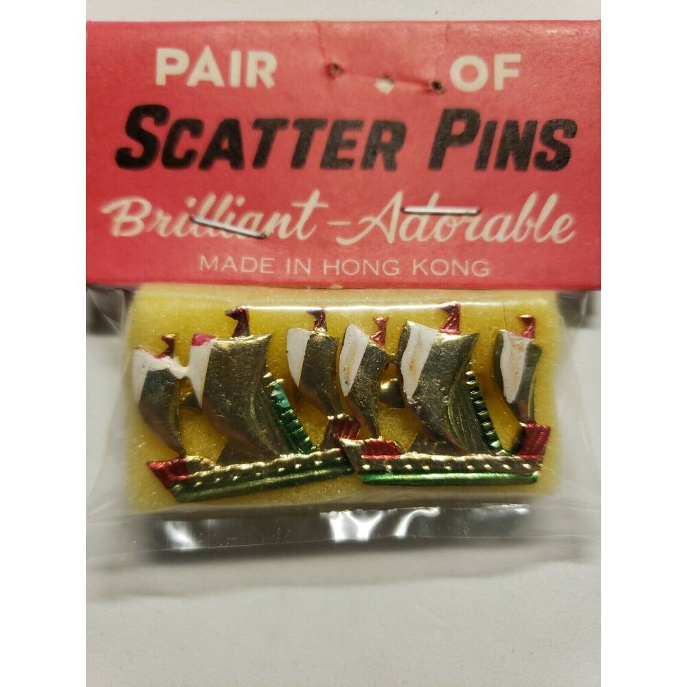Vintage Brooches Pair of Viking Ships Enamel Scatter Pins New Old Stock B-4